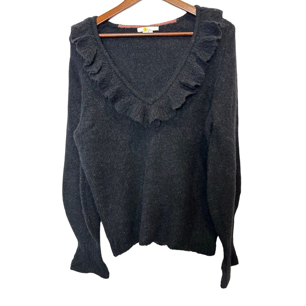 Boden Ruffle V-Neck Sweater US 8 Black Wool Alpaca Blend Fuzzy Romantic Coquette - Picture 8 of 12